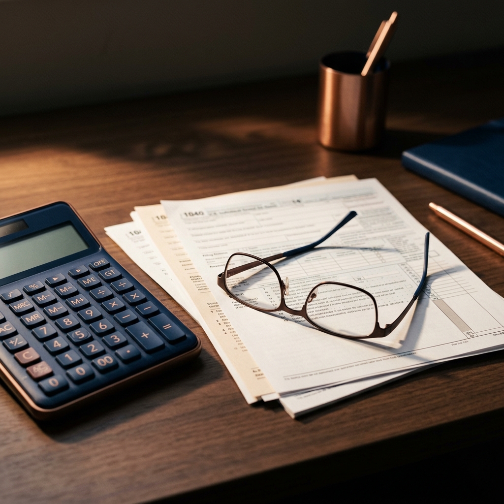 Calculadora e documentos fiscais sobre mesa